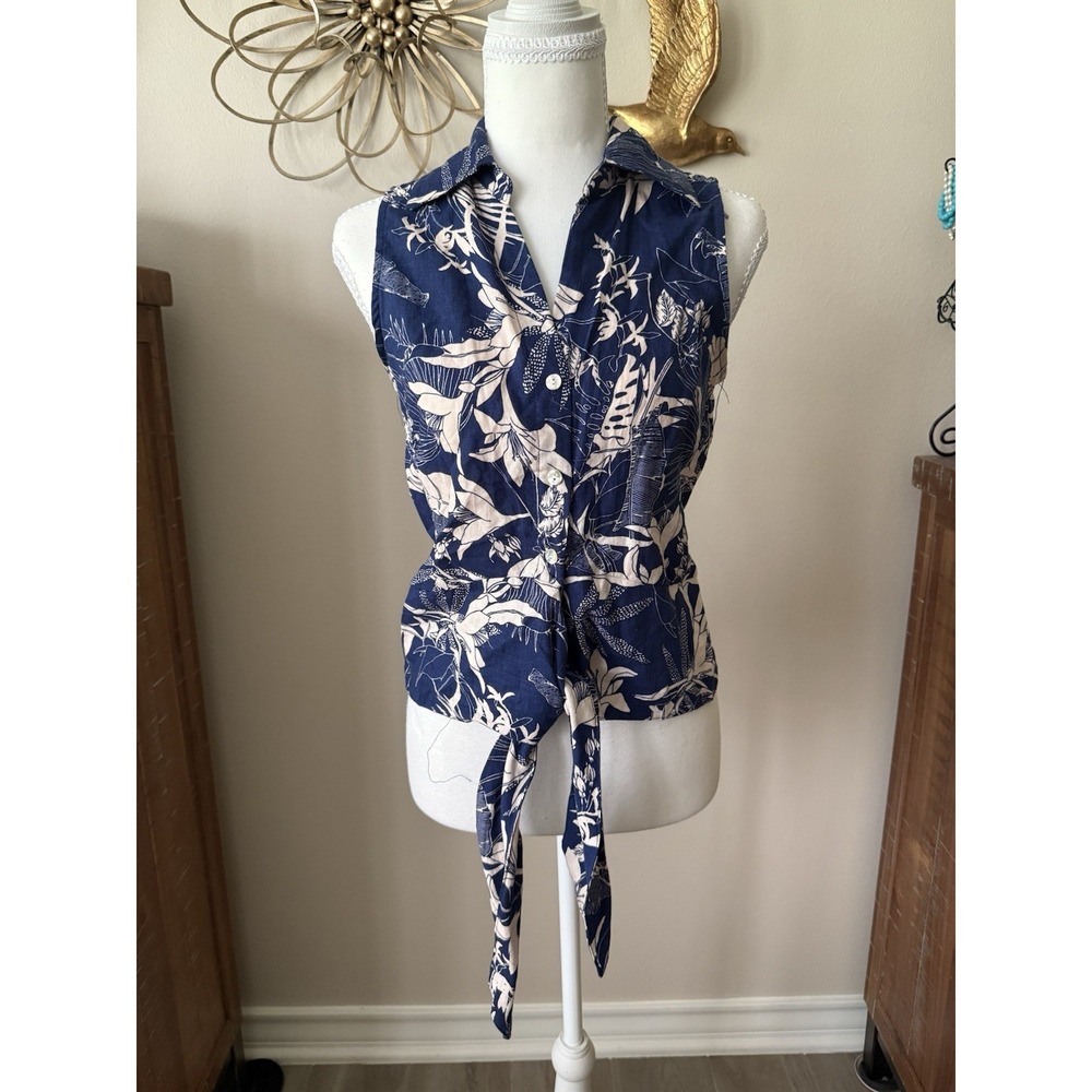 Panama Jack XS‎ Linen Blend Tropical Floral Tie Front Sleeveless Button Top